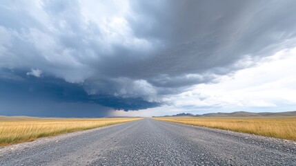 Fototapeta premium A dramatic view of a wide-open road beneath ominous storm clouds, illustrating nature's power and beauty.