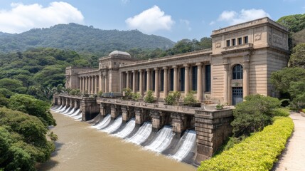 A majestic dam structure surrounded by lush greenery, with cascading water flowing from its gates, Ideal for environmental, engineering, or architectural projects
