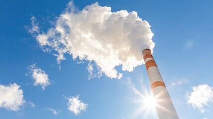 A factory smokestack emits white smoke against a bright blue sky, highlighting industrial impact on air quality.
