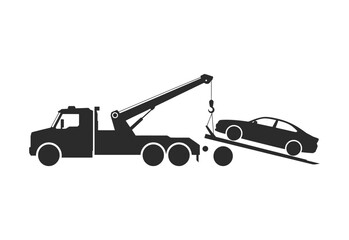 Black silhouette of a tow truck lifting a car onto its flatbed