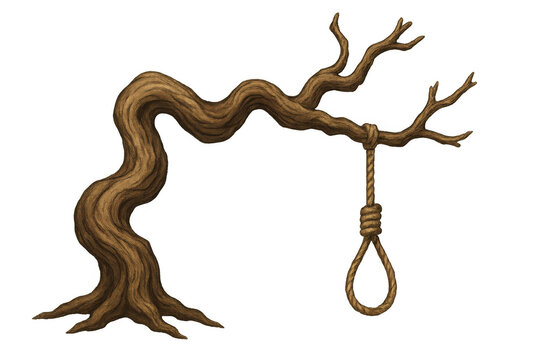 Noose dangling from gnarled, leafless tree branch, symbolizing despair and darkness against stark transparent backdrop