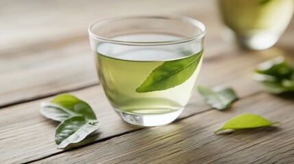 A refreshing glass of green tea garnished with fresh leaves on a wooden surface, perfect for relaxation.