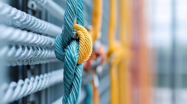 A close-up view of colorful ropes intricately knotted together, depicting strength, unity, and the beauty of craftsmanship in a visual representation of connection and resilience. - Powered by Adobe