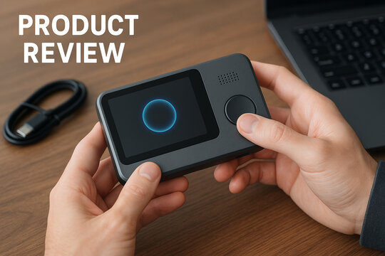 Modern Close-up Device Review Concept with Screen and Button on Desk