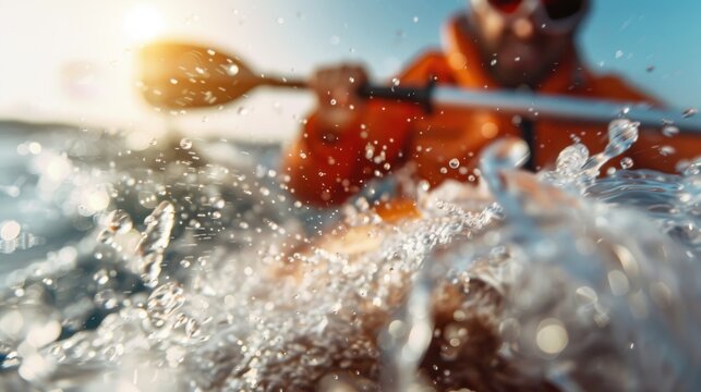 A thrilling kayak scene capturing the motion of water splashes during an exciting paddling experience under a bright sun, encapsulating adventure and nature's beauty.