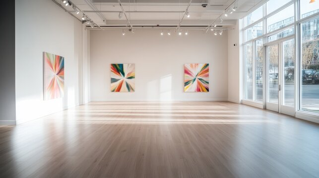 A spacious minimalist art gallery showcasing colorful abstract paintings that invite viewers to experience emotions through vibrant forms and hues in an airy, sunlit environment.