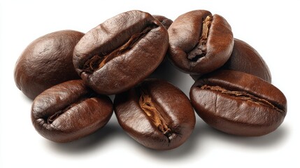 Obraz premium A close-up image of several dark roasted coffee beans, showcasing their rich, glossy texture and unique shapes, Ideal for use in coffee-related marketing, recipes, or lifestyle content,