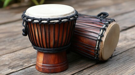 A close-up view of two beautifully crafted traditional drums resting on a wooden surface, This image can be used for music, cultural events, or promoting percussion instruments in art and education,
