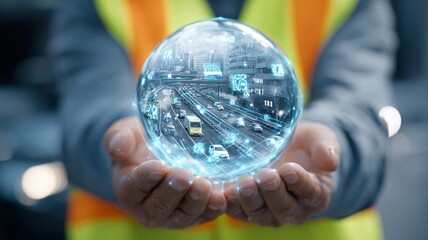 Transportation Engineer Holding AI Sphere with Autonomous Vehicle Icons
