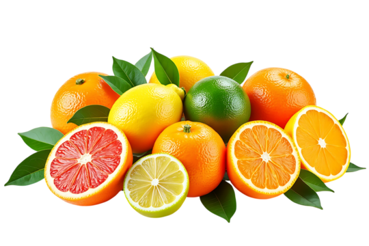 Assorted citrus fruits including oranges lemons grapefruit and lime isolated on transparent background