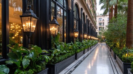 Fototapeta premium A beautifully designed corridor adorned with elegant lanterns and lush greenery, perfect for showcasing luxury architecture, outdoor spaces, or hospitality environments