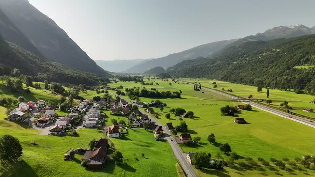 Scenic Aerial View of Rural Countryside and Alpine Landscape Near Flums, Berschis and Walenstadt, Switzerland &ndash; Drone Footage