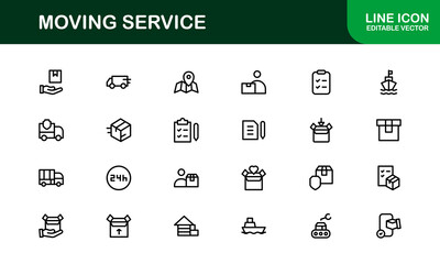 Moving Service Line Icon Pack. Minimal, unique collection showcasing professional moving, shipping, cargo, and transport symbols. Perfectly designed for versatile use.