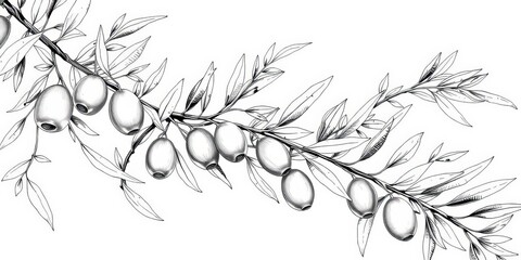 Intricate black and white olive branch illustration; perfect for packaging,  botanical,  graphic