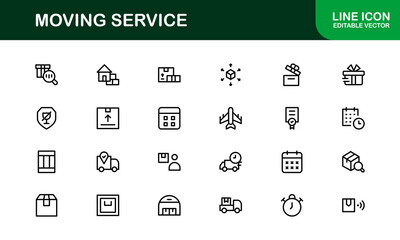 Moving Service Line Icon Pack. Minimal, unique collection showcasing professional moving, shipping, cargo, and transport symbols. Perfectly designed for versatile use.