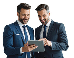 Team of Two Business People Discussing Project with Digital Tablet, isolated on a transparent background.