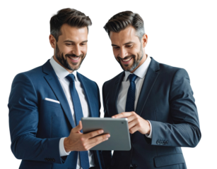 Team of Two Business People Discussing Project with Digital Tablet, isolated on a transparent background.