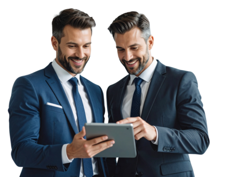 Team of Two Business People Discussing Project with Digital Tablet, isolated on a transparent background.