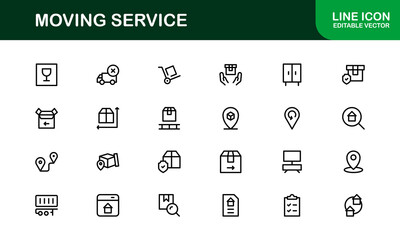 Moving Service Line Icon Pack. Minimal, unique collection showcasing professional moving, shipping, cargo, and transport symbols. Perfectly designed for versatile use.