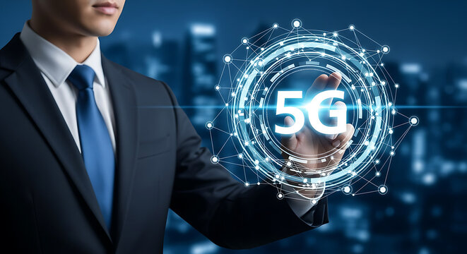 Businessman Hand Touching 5 G Network Hologram Blue City Background