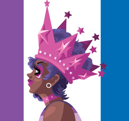 beautiful model with lgbt drag proud flag and a crown