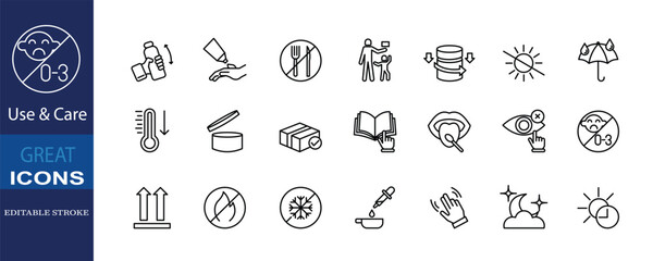 Use & Care icon set in editable stroke style, including handling, safety, temperature, storage, sun, moisture, fragile, recycling, and user instructions.