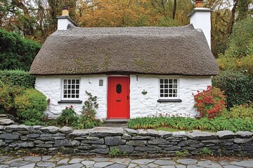 Charming Thatched Cottage with Red Door Surrounded by Greenery