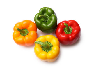 Fresh colorful bell peppers isolated on white, top view