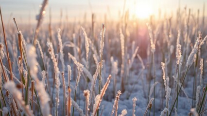 Fototapeta premium Frost Covered Grass at Winter Sunrise 