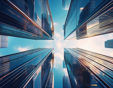 reflective skyscraper business office buildings bottom up view of big modern city urban landscape generative ai technology