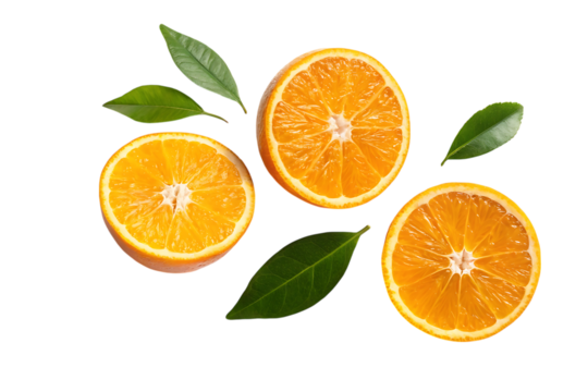 Three sliced oranges and green leaves isolated on transparent background