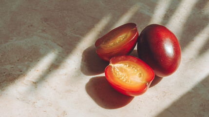 Still life featuring a group of vibrant red tamarillos, one halved, illuminated by window light on marble.
