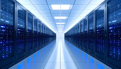 Server Room: Futuristic server room, showcasing technological advancement and the power of data storage. Highlighting the organized rows of servers, a symbol of connectivity and the digital age. 