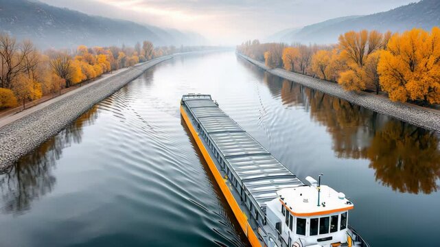 Tranquil autumn river journey with barge passing through misty landscape
