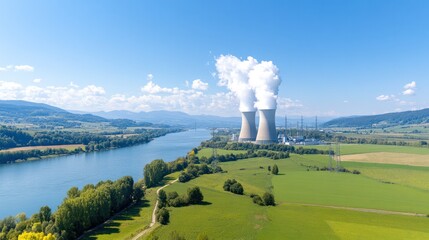 Aerial view of cooling towers with vapor above, surrounded by green fields and a river in a sunny landscape.