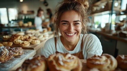 A cheerful young woman stands in a bakery, surrounded by a variety of fresh, enticing pastries, radiating warmth and joy with her bright smile and welcoming demeanor.