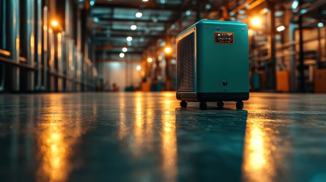 An innovative cooling unit stands prominently on the polished floor of a spacious industrial space, showcasing modern technology and efficiency in design and functionality.