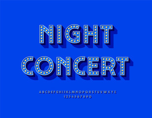 Vector Unique invitation Night Concert. Retro style Font with Lamp. Bright Light Bulbs Alphabet Letters and Numbers set.
