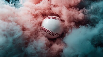 A baseball emerges dramatically from a cloud of colorful smoke, symbolizing action and excitement in sports, blending art and athleticism in a unique and vibrant composition.