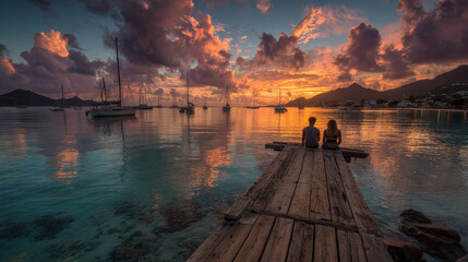 A honeymooning couple relishes a romantic tropical sunset on a pier in Antigua and Barbuda’s Caribbean waters
