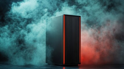 A sleek, modern computer tower stands shrouded in colorful smoke, demonstrating a fusion of technology and artistry that sparks curiosity and intrigue about its contents.