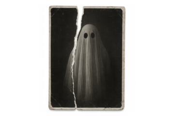 Ghostly silhouette rising from weathered, ripped vintage photo against transparent backdrop, evoking haunting halloween atmosphere