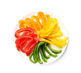 Cut colorful bell peppers isolated on white, top view