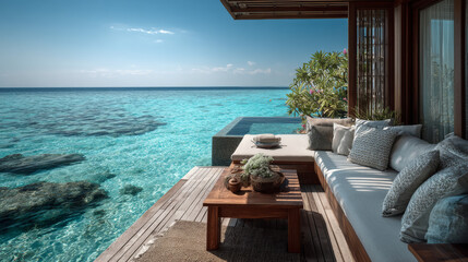 Obraz premium An exquisite overwater villa with a shaded terrace and sunbeds offers breathtaking ocean views at a serene luxury resort