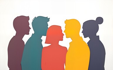 Diverse crowd in profile view, paper cutout style, white background, ideal for diversity and inclusion themes. High quality