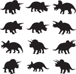 Collection of triceratops dinosaur silhouettes in various poses