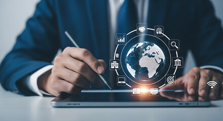 Person using tablet global network icons digital technology