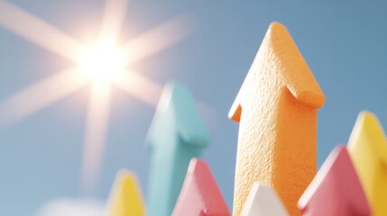 Colorful arrows pointing upwards, symbolizing growth, success, and positive trends against a bright sky.