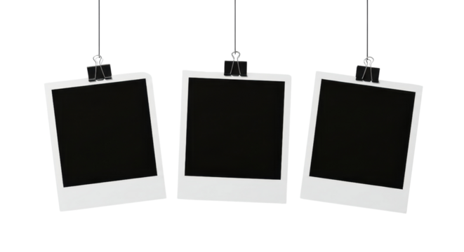 Three blank instant photo frames mockup template hanging on white background