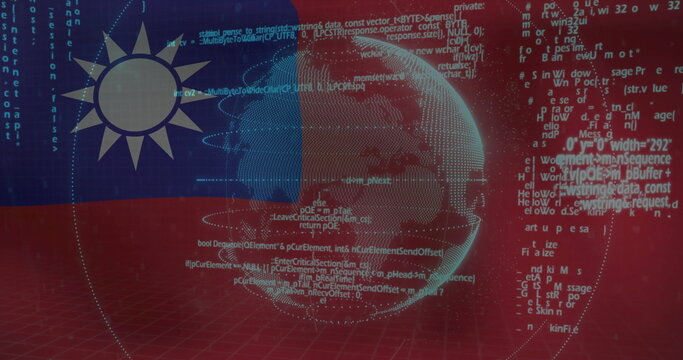 Naklejki Rotating clear 3D wireframe globe displaying code in digital lab, with Taiwanese flag, red grid